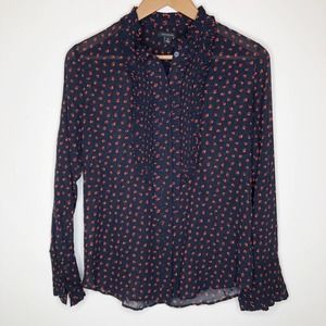 Ann Taylor Navy Printed Ruffle Neck Blouse